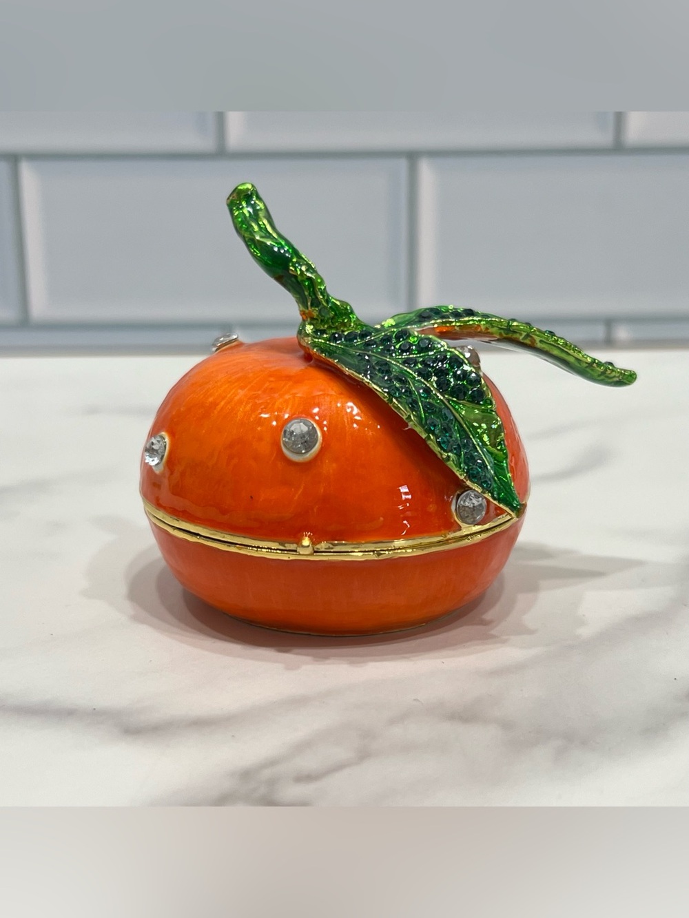 Objet d’Art Enameled Jeweled Japanese Tangerine Orange Hinged Trinket Box